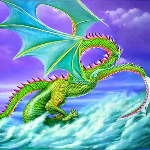 Prompt: Dragon made of water, high detail, oil painting, bright blues, purple sky