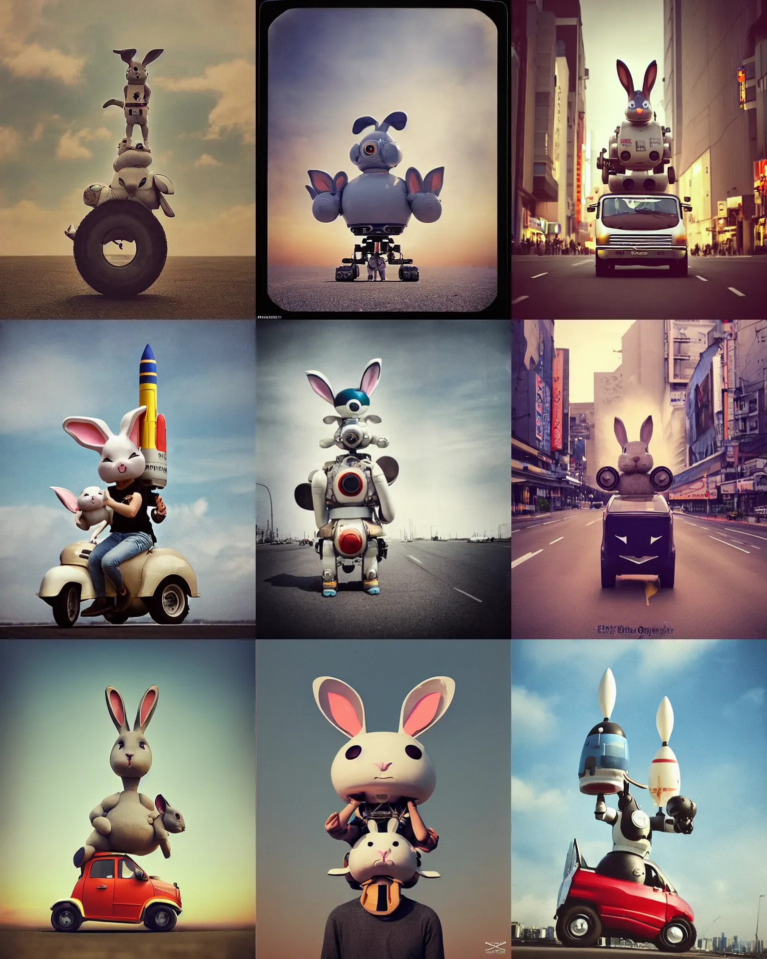 Prompt: epic pose!!! googly eyed giant oversized rocket battle rabbit robot chubby mech baby sport car double decker with giant oversized ears and rabbit babies , in tokio , full body , Cinematic focus, Polaroid photo, vintage , neutral dull colors, soft lights, foggy sunset , by oleg oprisco , by national archives, by discovery channel, by victor enrich , by gregory crewdson