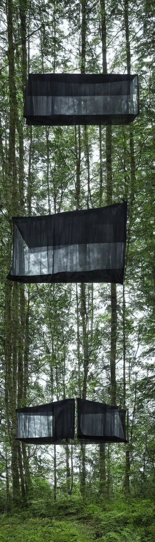 Prompt: <https://s.mj.run/s6p8smV1pe8> interior photo of a crystalline glass house with translucent black mesh tarps, forest in the background, light coming through the window, light box, moody atmosphere