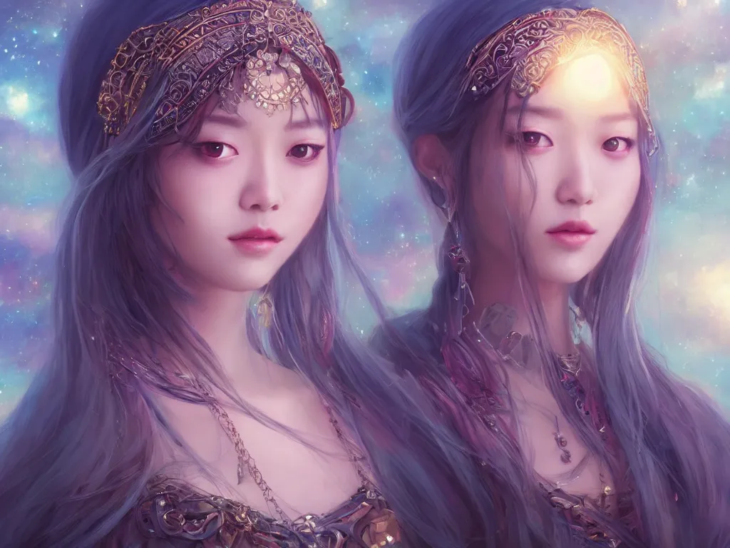 Prompt: masterpiece portrait charming and miracle female astromancer boho accessories in dreamlike movie, kpop, arty dress, high detailed face, art by artgerm, greg rutkowski, sasoura, satchely, ross tran, big major starry sky and city in background, uhd, long shot, light througn the mist, no distorsion, sharp focus,