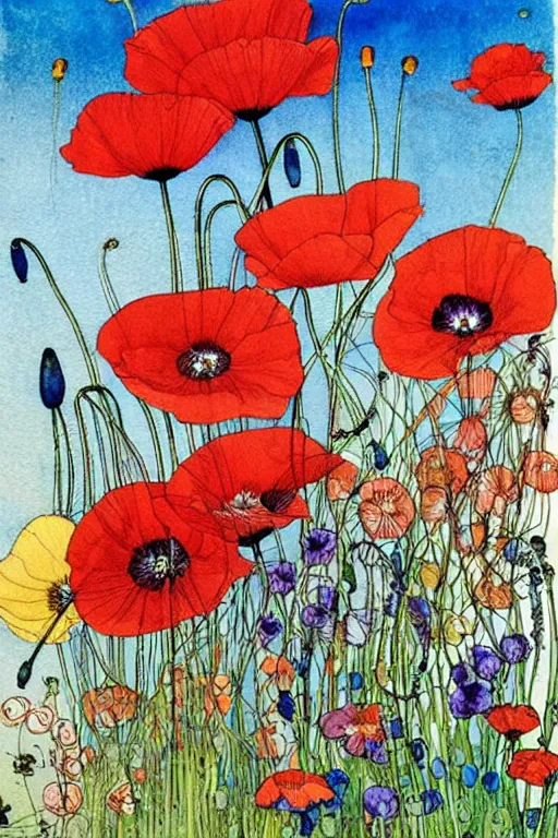 Prompt: beautiful colorful spring flowers and red poppies, detailed art by kay nielsen and walter crane, illustration style, watercolor