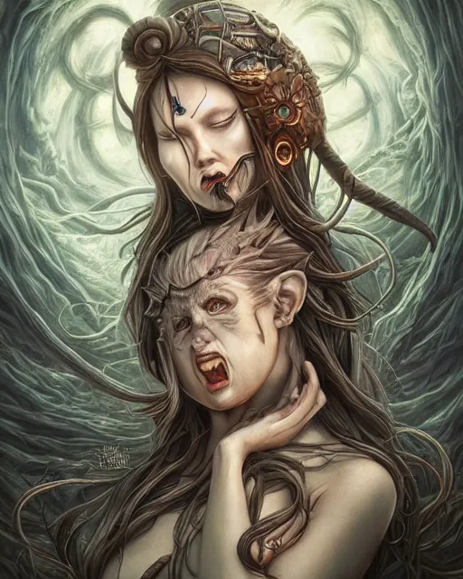 Image similar to death is swallowed up in victory, very detailed and beautiful womans face, screaming with fear, artwork by artgerm, centered shot, wide angle, full body, elfpunk, artwork by naoto hattori, landscape art by john howe