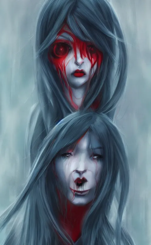 Prompt: ''female anime character, blue long hair, red eyes, creepy eyes, creepy art, dark, character concept, digital painting, concept, 4 k''