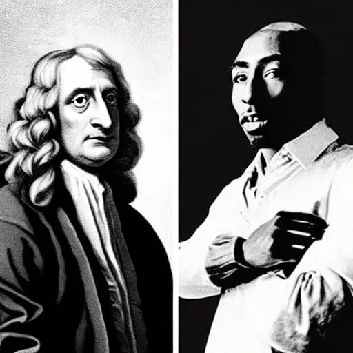 Image similar to a photo of sir isaac newton and tupac shakur as good friends