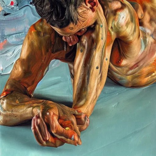 Image similar to high quality high detail painting by lucian freud and jenny saville, hd, psychedelic freak out, turquoise, ambient lighting