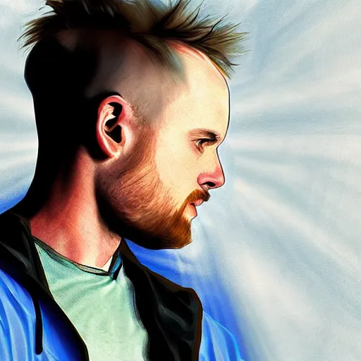 Prompt: jesse pinkman's head coming out of a blue mist, trending on artstation, profile pic, centered, accurate anatomy, highly detailed, digital art,