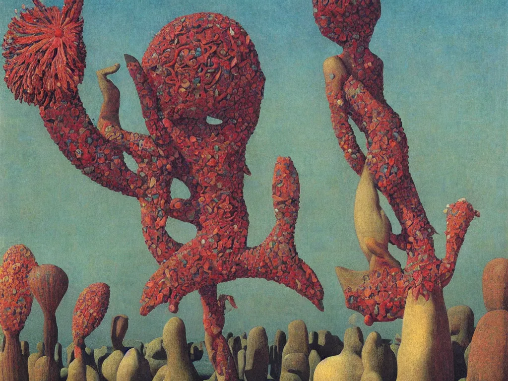 Prompt: flowerpunk, sculpture, Henri Moore giant, red eyed, looking from the water conch. Boulders of crystal rocks, spiked, wings. Painting by Rene Magritte, Moebius, Jean Delville, Max Ernst, Maria Sybilla Merian, Alfred Kubin