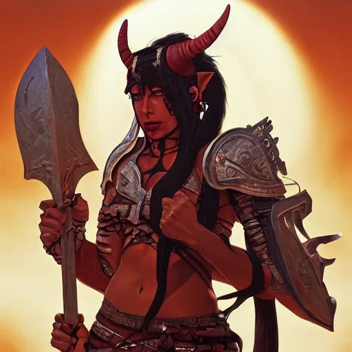 Prompt: portrait of a strong fierce female berber tiefling barbarian with red skin, devil horns and black hair in a ponytail holding a large sword and wearing a steel chestplate in a desert, fantasy, highly detailed, digital painting, artstation, concept art, character art, art by greg rutkowski, tyler jacobson, alphonse mucha, ross tran and makoto shinkai