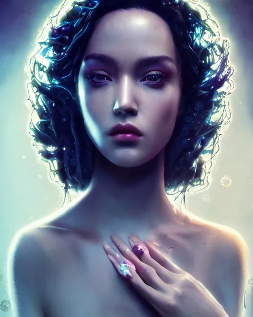 Image similar to beauteous sumptuous dark empress with incredible iridescent pearlescent voluminous hair, photorealistic crystalline masterpiece incrustations, hyperdetailed face, elegant pose, movie still, cinematic forest lighting, intricate accuracy, octane render, cgsociety, artgerm, unreal engine, crepuscular rays, god rays