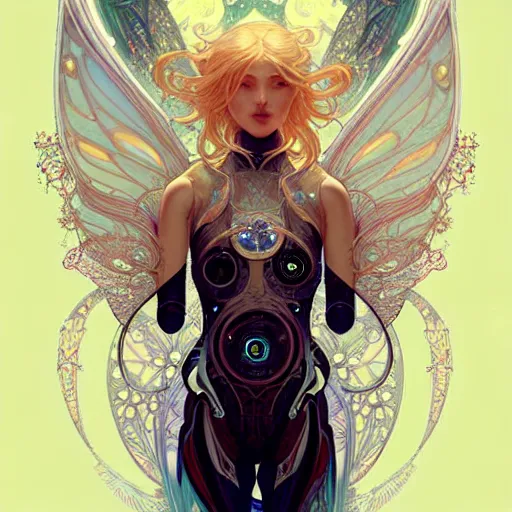 Prompt: A cybernetic girl with blonde hair, glowing halo, huge highly detailed intricate wings, art nouveau, fantasy, intricate, elegant, highly detailed, digital painting, artstation, concept art, smooth, sharp focus, illustration, art by Krenz Cushart and Artem Demura and alphonse mucha