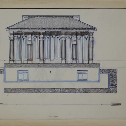 Image similar to architectural blueprints of an ancient roman domu, type 1, 2 k image file, draft paper with linework