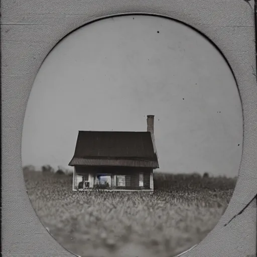 Prompt: A tintype photo of a house floating 10 feet above the ground. The house has legs and is walking away