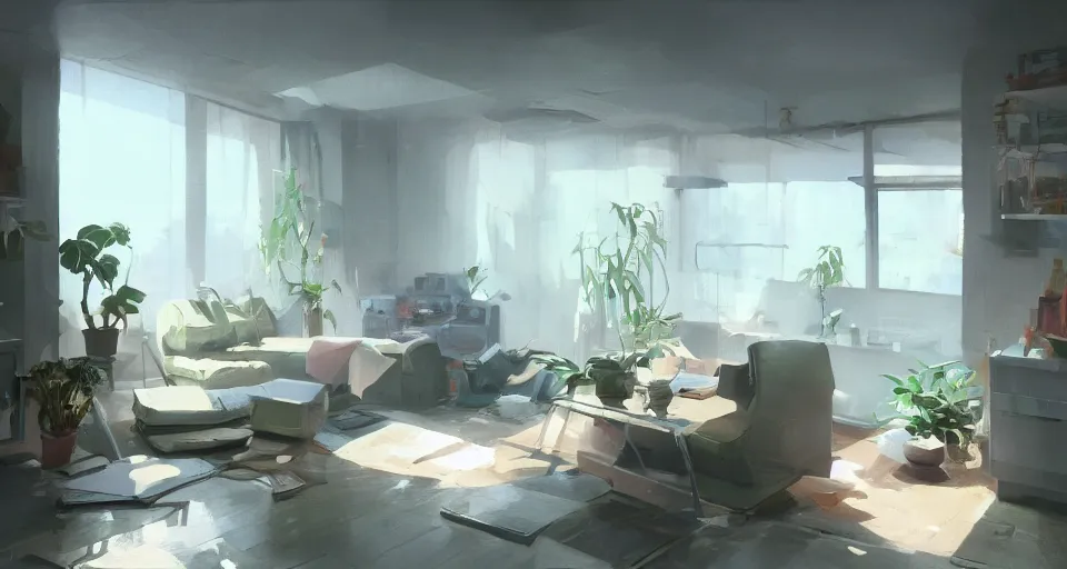 Image similar to a stylish bedroom interior, futuristic plastic capsule apartment, small kitchen, reflective floor, potted plant, painting by craig mullins, octane rendering, soft morning lighting, wide angle lens, in the style of hayao miyazaki, trending on artstation,