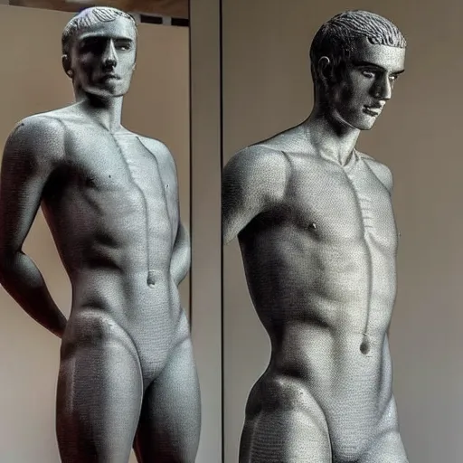 Image similar to “ a realistic detailed photo of a guy who is an attractive humanoid who is half robot and half humanoid, who is a male android, soccer player antoine griezmann, shiny skin, posing like a statue, blank stare, at the museum, on display ”