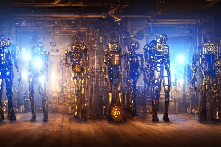 Prompt: 7 golden and blue metal humanoid steampunk robots wearing and gears and tubes, eyes are glowing red lightbulbs, shiny crisp finish, 3 d render, 8 k, insaneley detailed, fluorescent colors, background is an entrance door to a futuristic nightclub, nightlight