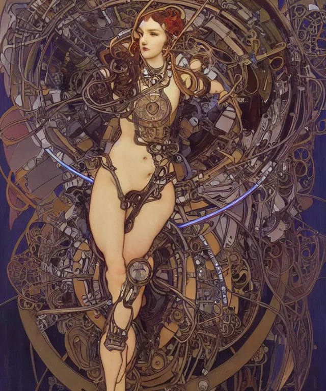 Image similar to realistic detailed portrait of a humanoid mecha cyberpunk! goddess by Alphonse Mucha and Charlie Bowater and art germ, rule of thirds, golden ratio, Art Nouveau! cyberpunk! style, mechanical accents!, mecha plate armor, realistic human arms, flowing wires with leaves, art nouveau accents, art nouveau patterns and geometry, rich deep moody colors