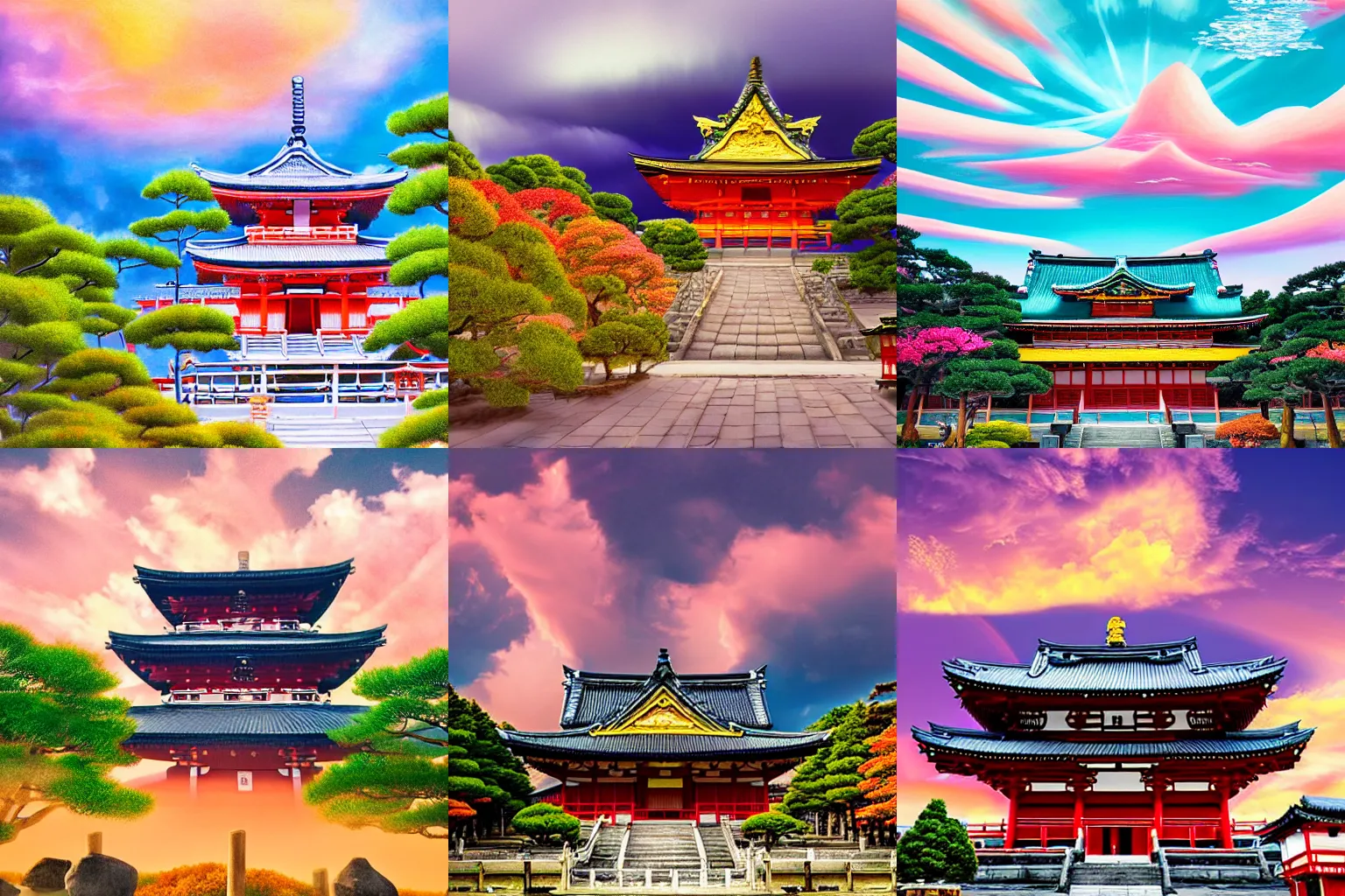 Prompt: beautiful detailed photo of a japanese temple in the middle of colorful clouds, hyper realism, golden hour