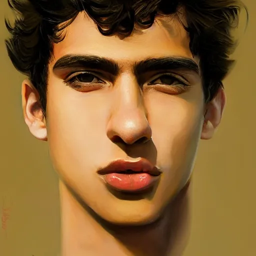 Image similar to oil painting by ilya kuvshinov, baugh casey, rhads, coby whitmore, of a youthful persian - indian college student, male, handsome, high cheekbones, large sensual mouth, curly black hair, outdoors, highly detailed, breathtaking face, studio photography, dawn, intense subsurface scattering, blush, supple look, innocence, intense sunlight