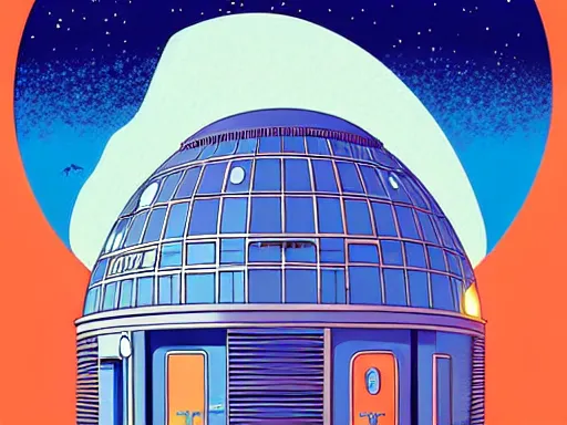 Image similar to a scifi illustration, hyper detailed external view of a lunar colony. cinematic wes anderson composition. flat colors, limited palette in FANTASTIC PLANET La planète sauvage animation by René Laloux