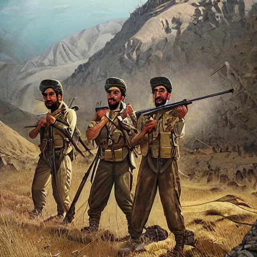 Image similar to a kurdish peshmerga kurdish mountains art by martin ansin, highly detailed, 8 k, high resolution, award winning art, incredibly intricate