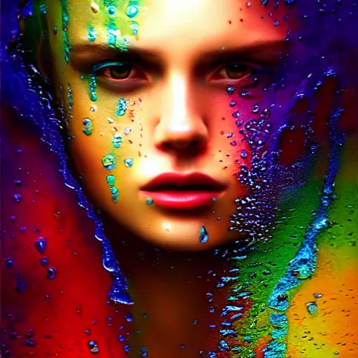 Image similar to dramatic asthetic portrait of revelation in uniquely colored rain with wet hair and face, liquid, joy, bliss, ecstasy, fantasy, intricate, elegant, dramatic lighting, highly detailed, lifelike, photorealistic, digital painting, artstation, concept art, smooth, sharp focus, art by John Collier and Albert Aublet and Krenz Cushart and Artem Demura and Alphonse Mucha