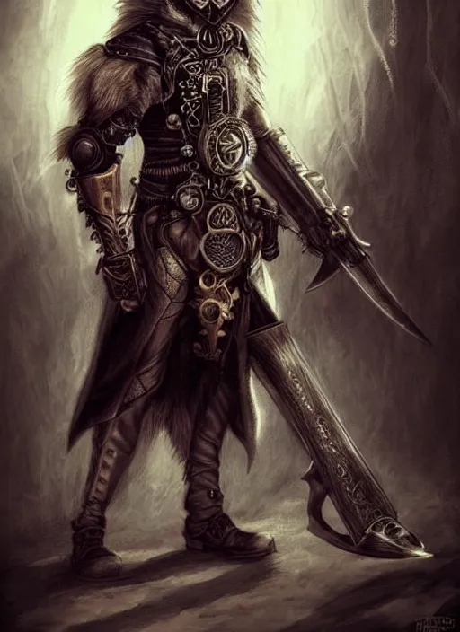 Image similar to steampunk white wolf with claymore, fantasy, art station, dramatic, concept art, portrait