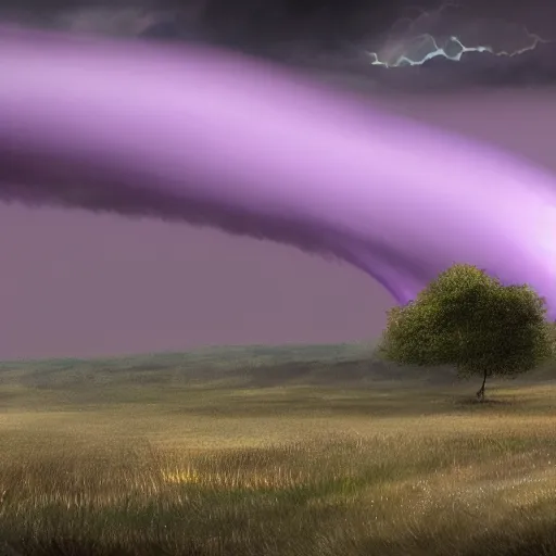 Prompt: a tornado in the distant landscape purple, hdr, artstation, shuttershock, 4 dimensions
