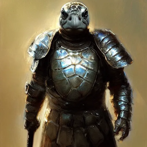 Image similar to portrait of a turtle as a mighty warrior wearing silver armor, holding sword, by craig mullins, jeremy mann.