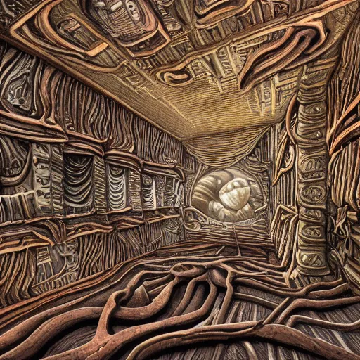 Image similar to a monstrous organic flesh room with intricate folds and grotesque textures, cube shaped room, highly detailed, alien technology, 4 k, 8 k, oil on canvas