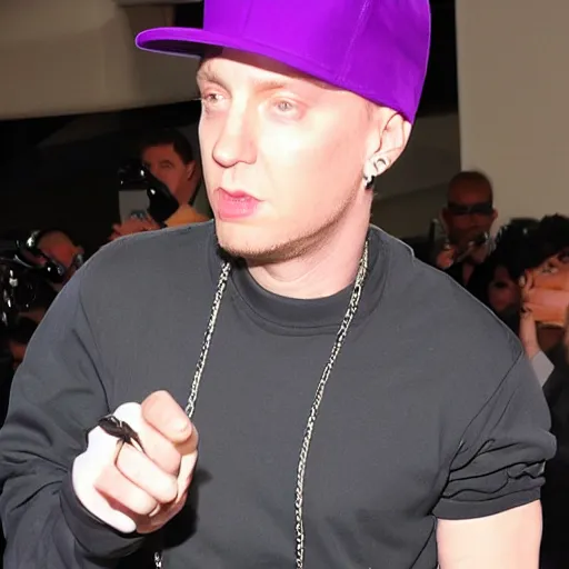 Image similar to eminem wearing a hat made of spaghetti and a purple dress