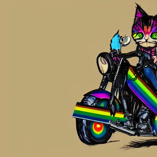 Image similar to wide angle full body, jacket wearing fluffy cute rainbow kitten wearing a black leather motorcycle jacket, riding on a motorcycle, cinematic concept art