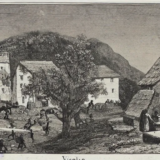 Image similar to 1 9 th century engrave of village life