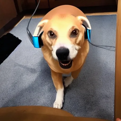 Prompt: reddit post, my dog is addicted to his VR headset