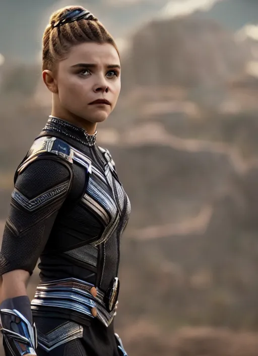 Image similar to film still of chloe grace moretz as black panther, 4 k