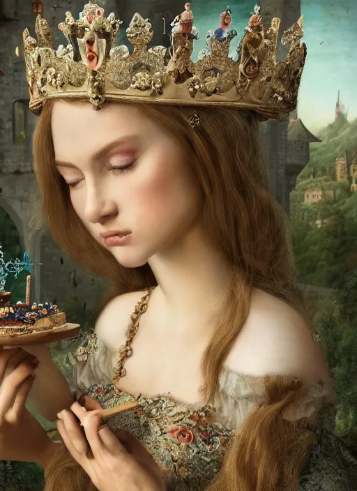 Prompt: closeup medieval bosch face portrait of a fairytale princess wearing a crown eating cakes in the castle, bikini, depth of field, zeiss lens, detailed and intricate environment, fashion photoshoot by nicoletta ceccoli, mark ryden, lostfish, breathtaking, 8 k resolution, extremely detailed, beautiful, establishing shot, artistic, hyperrealistic, octane render