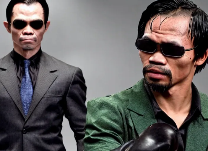 Prompt: film still of manny pacquiao as agent smith in the new matrix movie, 8 k, highly detailed face, dark glasses