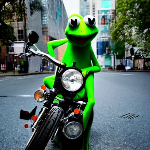 Prompt: slimy kermit the frog leaning against a motorcycle. gq magazine wide angle photograph.