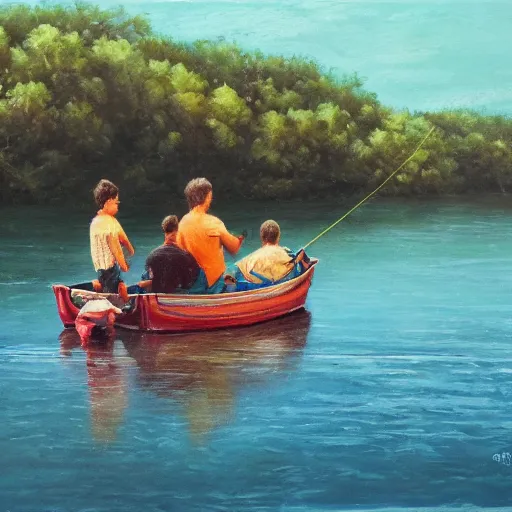 Image similar to A dad with his 3 sons in a boat, the dad is fishing, underwater there is a fish with his 3 sons, oil on canevas