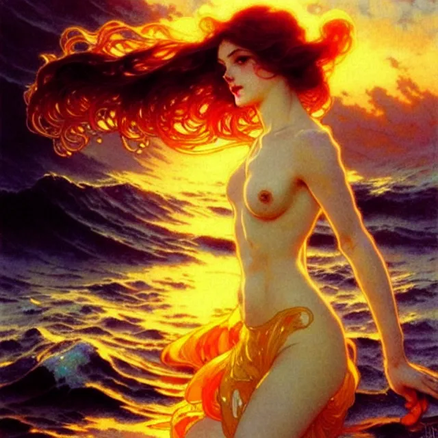 Prompt: ocean waves of glossy liquid honey drops flowing like translucent amber, lsd waves, lsd ripples, backlit, sunset, refracted lighting, art by collier, albert aublet, krenz cushart, artem demura, alphonse mucha