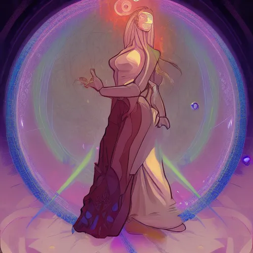 Prompt: portrait of a female mage with ball of orbs floating by her side, blueish aura by her side, dynamic pose, chromatic aberration, medium level shot, grim fantasy, illustration, mucha style, concept art,