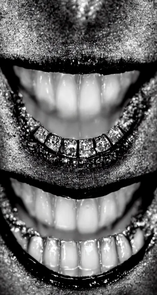 Prompt: up close shot of mouth with diamond grills with vampire fangs, houston, winter, dark scenery, dark lighting, cinematic, cold freezing nights, laser lights, crybernetic, top floor boss shit, destroy lonely, black floor, lavish, luxurious, marble walls, cinematic, hyper realism, high detail, octane render, 8 k