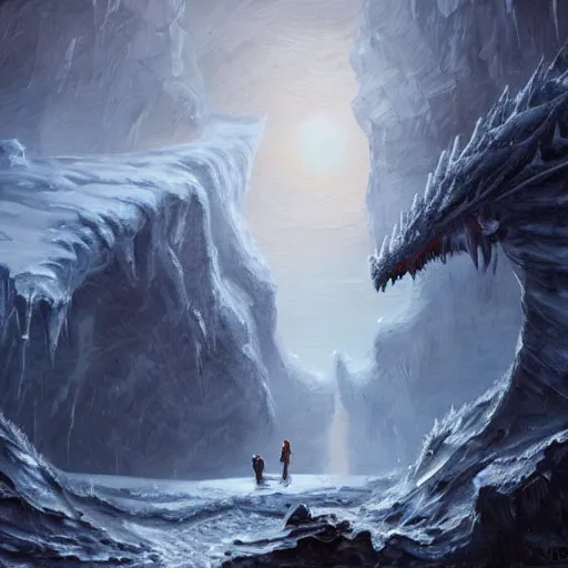 Image similar to A highly detailed oil painting in the style of Greg Rutkowski and Afremov of a very deep, very very dark cave with a huge frozen lake in the middle of it and an Ancient Ice dragon sleeping near a very big treasure pile, in the middle of a blizzard.