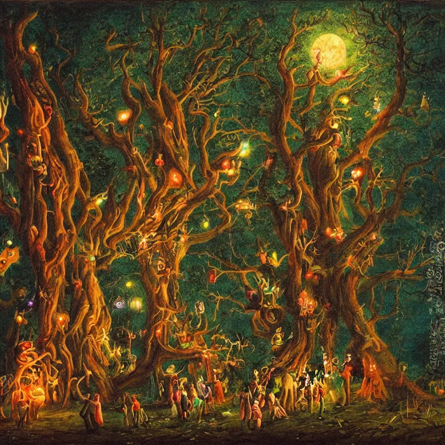 Image similar to a night carnival around a magical tree cavity, with a surreal orange moonlight and fireworks in the background, next to a lake with iridiscent water, christmas lights, folklore animals and people disguised as fantastic creatures in a magical forest by summer night, masterpiece painted by julius schnorr von carolsfeld, dark night environment