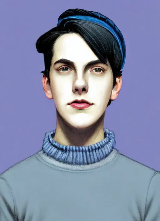 Image similar to portrait of teenage jughead jones wearing a light grey crown, crown, blue turtleneck, 1 9 5 0 s, closed eyes, photorealistic, black hair, glowing lighting, intricate, elegant, glowing lights, highly detailed, digital painting, artstation, concept art, smooth, sharp focus, illustration, art by wlop, mars ravelo and greg rutkowski