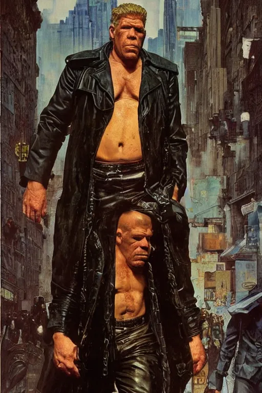 Prompt: full length portrait of ron perlman as a huge tall hulking marvel gangster wearing a leather trench coat standing on street new york, by lawrence alma tadema and zdzislaw beksinski and norman rockwell and jack kirby and tom lovell and greg staples and michael alford