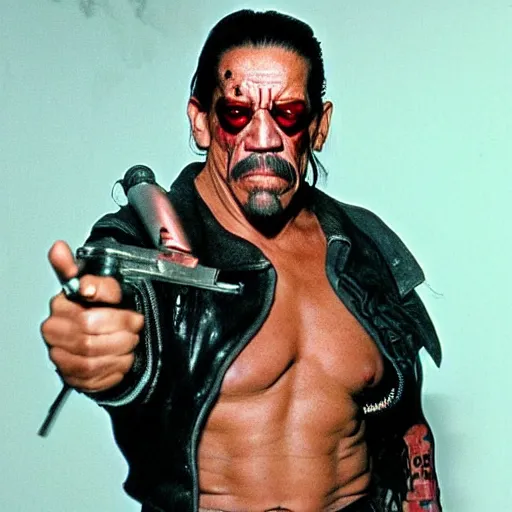 Image similar to danny trejo as the terminator, glowing red eyes