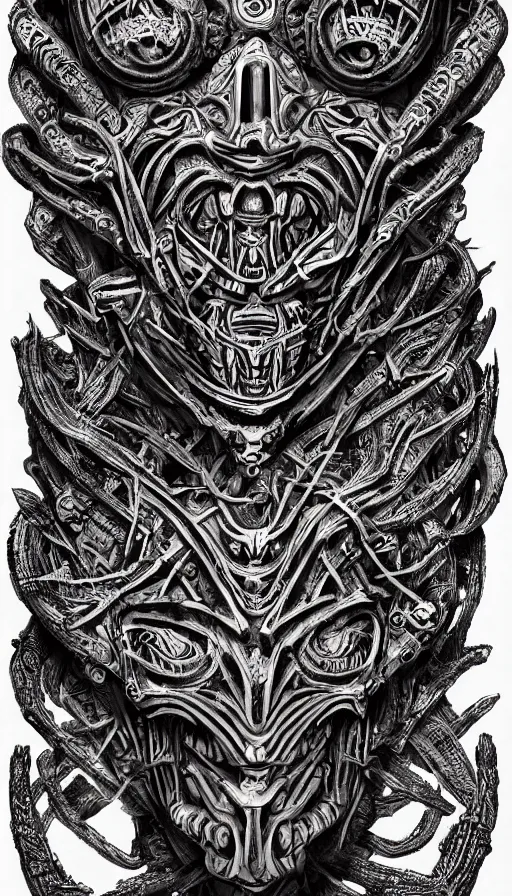 Image similar to ancient biomechanical hybrid aztec fantasy human face mask tattoo pattern concept, teonanacatl glyph, intricate artwork by, Alex Grey, Artgerm, H.R. Giger, very coherent artwork, cinematic, hyper realism, high detail, octane render, unreal engine, 8k, High contrast, higly detailed black ink outline