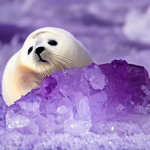 Prompt: a baby harp seal frozen in magic purple ice, 8K photo