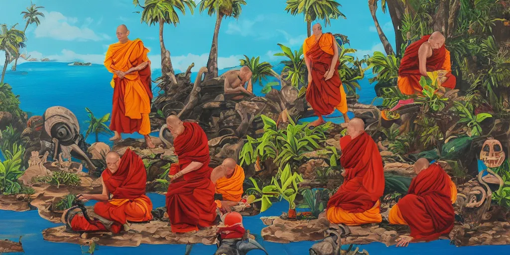 Prompt: Buddhist Monks, cowboys and monkey pirates and tropical island, retro future treasure, oil paint on canvas