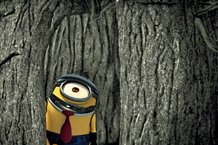 Image similar to a still of a minion in blair - witch project ( 1 9 9 9 ), real life, cinematic, detailed, move still, vhs, ultra realistic face, accurate, 8 k, hd
